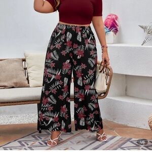 Floral Black and Red Women's Wide-Leg Pants